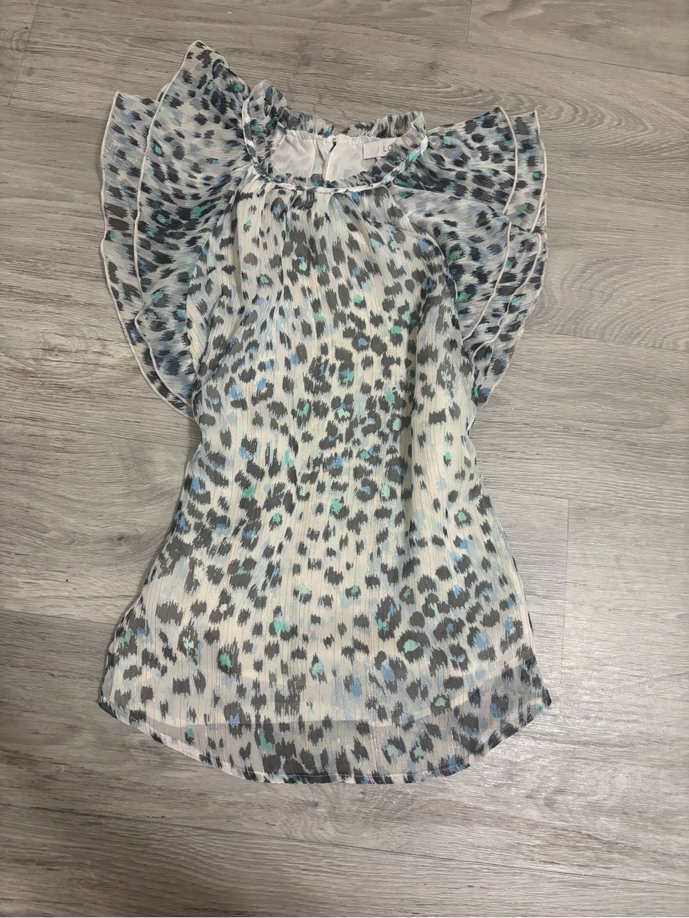 LOFT White Leopard Print Ruffle Sleeve Blouse with Blue Accents